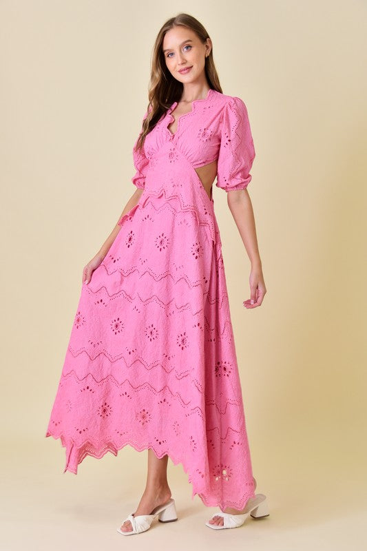 Pink Eyelet Puff Sleeve Maxi Dress