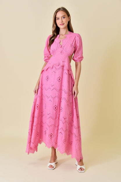 Pink Eyelet Puff Sleeve Maxi Dress