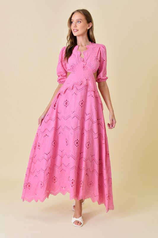 Pink Eyelet Puff Sleeve Maxi Dress