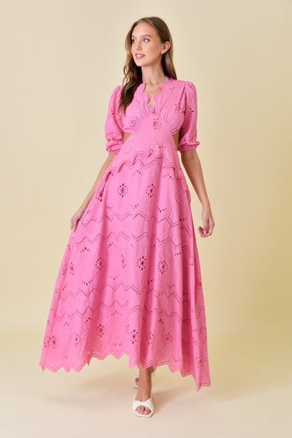 Pink Eyelet Puff Sleeve Maxi Dress