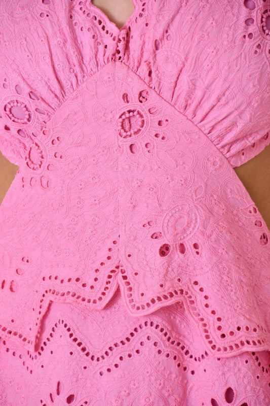 Pink Eyelet Puff Sleeve Maxi Dress