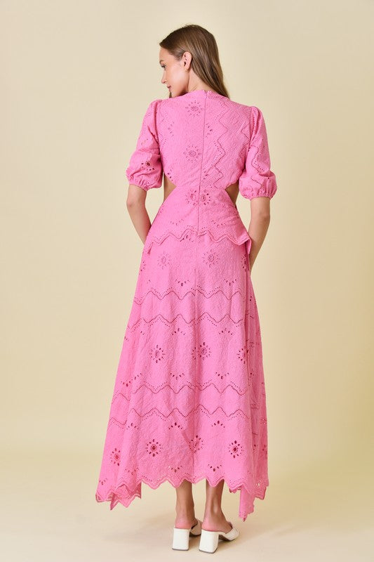 Pink Eyelet Puff Sleeve Maxi Dress