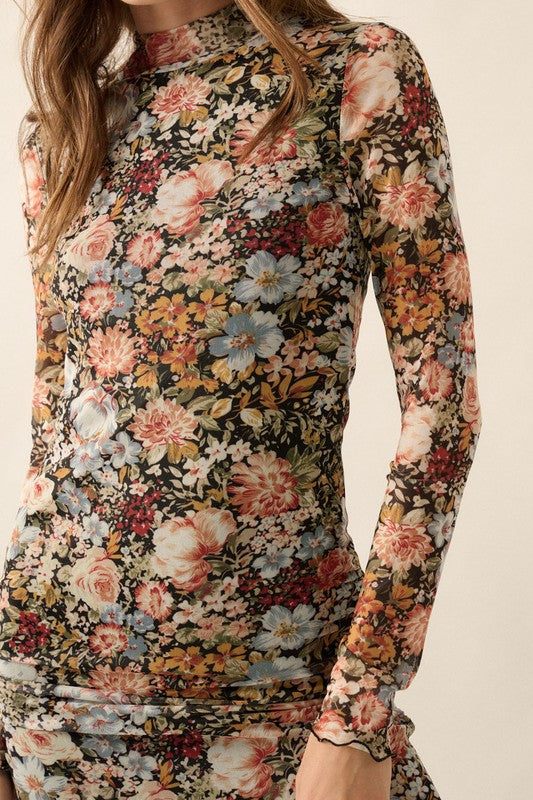 Floral Mesh Long Sleeve Midi Dress