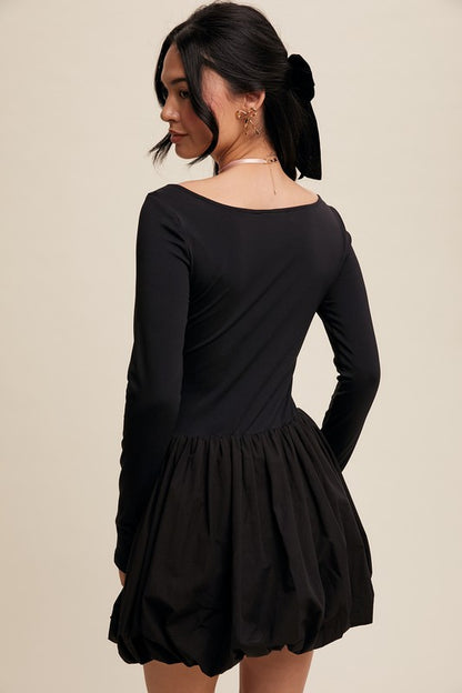 Square Neck Black Bubble Dress (Restock)