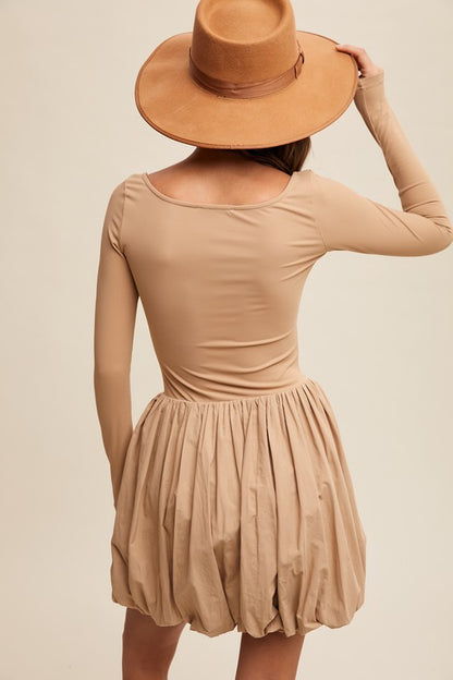 Square Neck Tan Bubble Dress