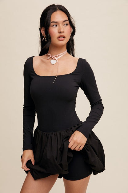 Square Neck Black Bubble Dress (Restock)