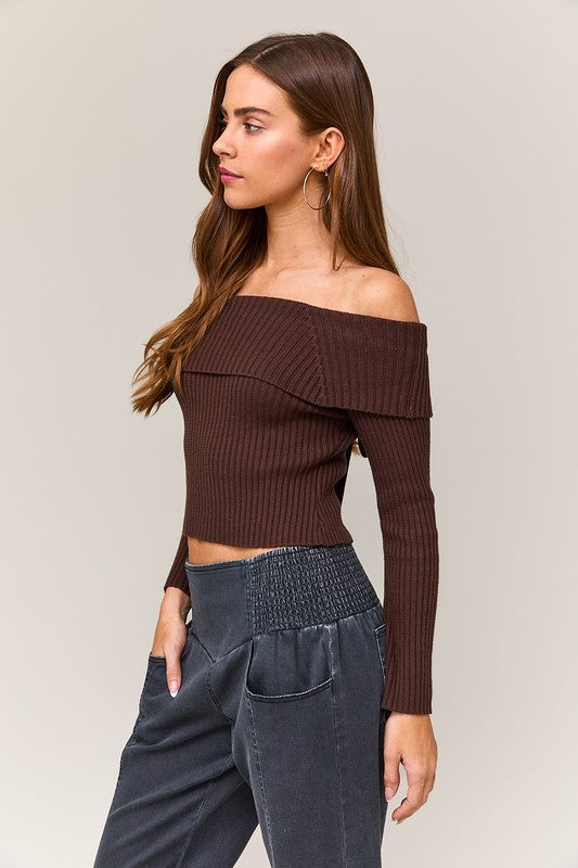 (Brown) Off The Shoulder Ribbed Bow Top