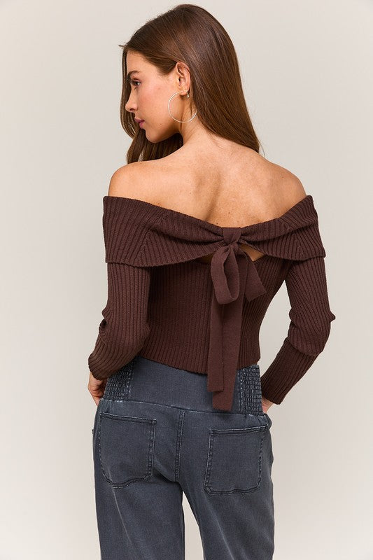 (Brown) Off The Shoulder Ribbed Bow Top