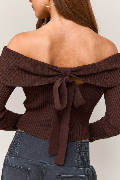 (Brown) Off The Shoulder Ribbed Bow Top