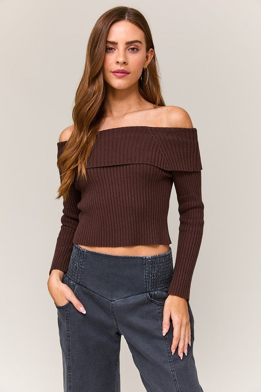 (Brown) Off The Shoulder Ribbed Bow Top