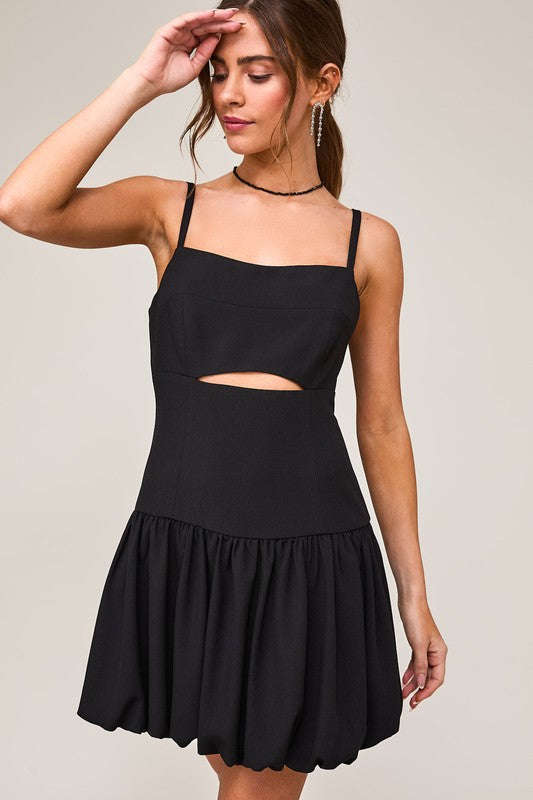 Black Bubble Front Cut Out Mini Dress