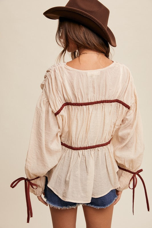 Front Tie Blouse (Cream/Maroon)