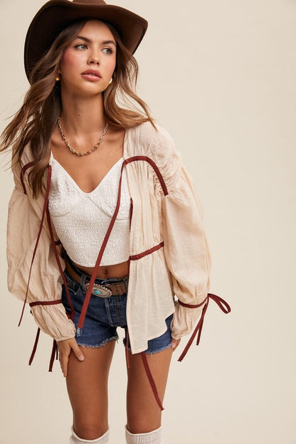 Front Tie Blouse (Cream/Maroon)