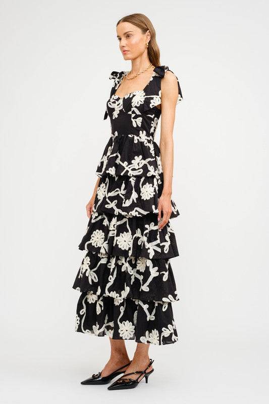 Floral Embroidered Tiered Midi Dress