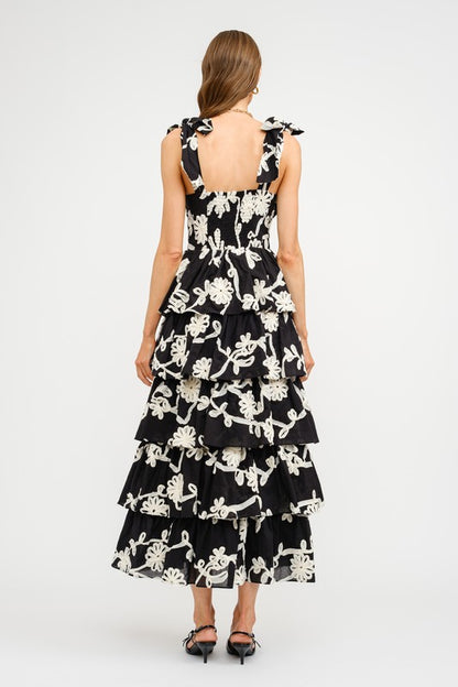 Floral Embroidered Tiered Midi Dress