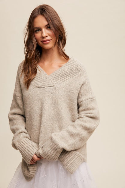 Oatmeal Slouchy V-Neck Sweater