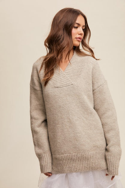 Oatmeal Slouchy V-Neck Sweater