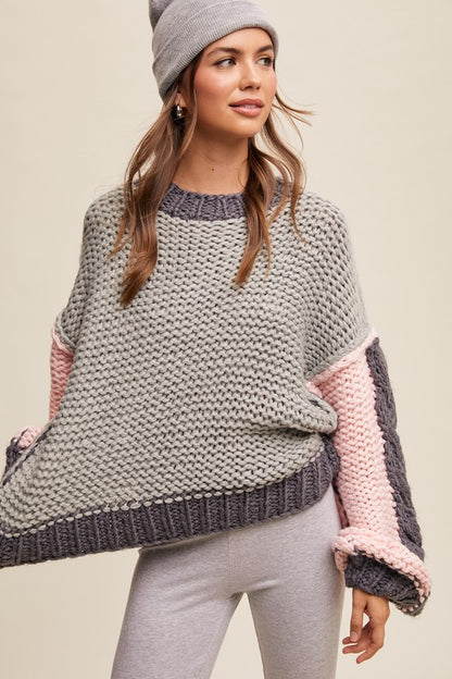 Crochet Chunk Knit Sweater (Stone Multi)