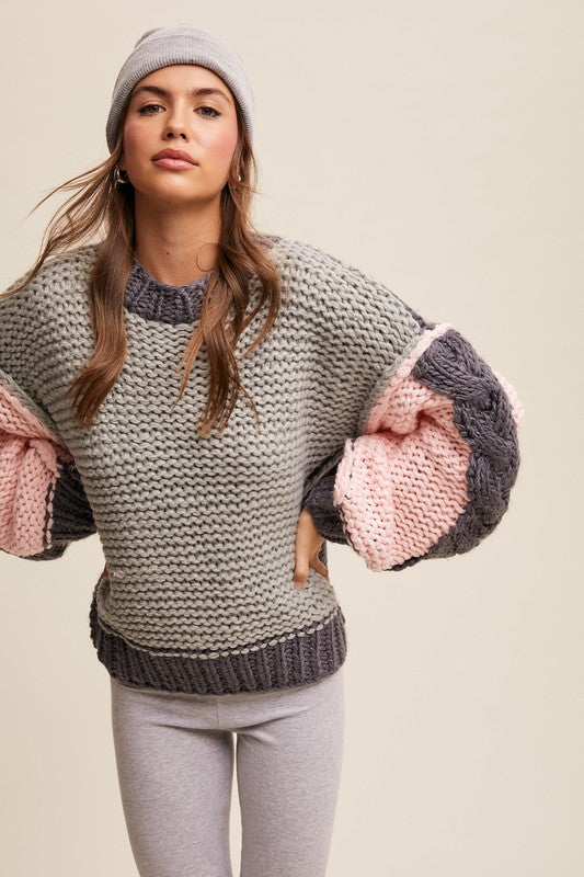 Crochet Chunk Knit Sweater (Stone Multi)