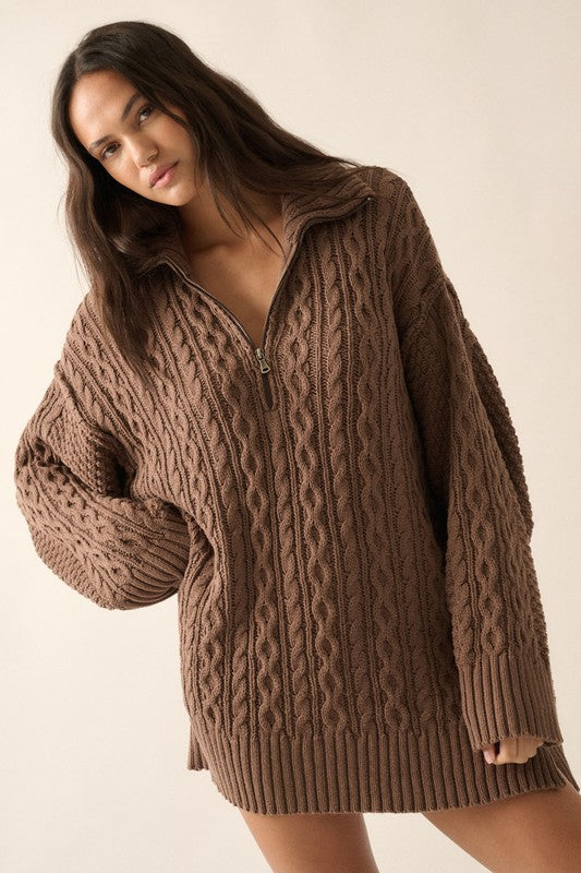 Brown Cable Knit Sweater Dress