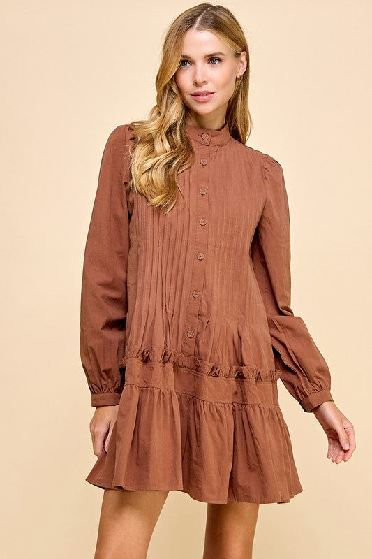 Brown Button Done Pleated Dress