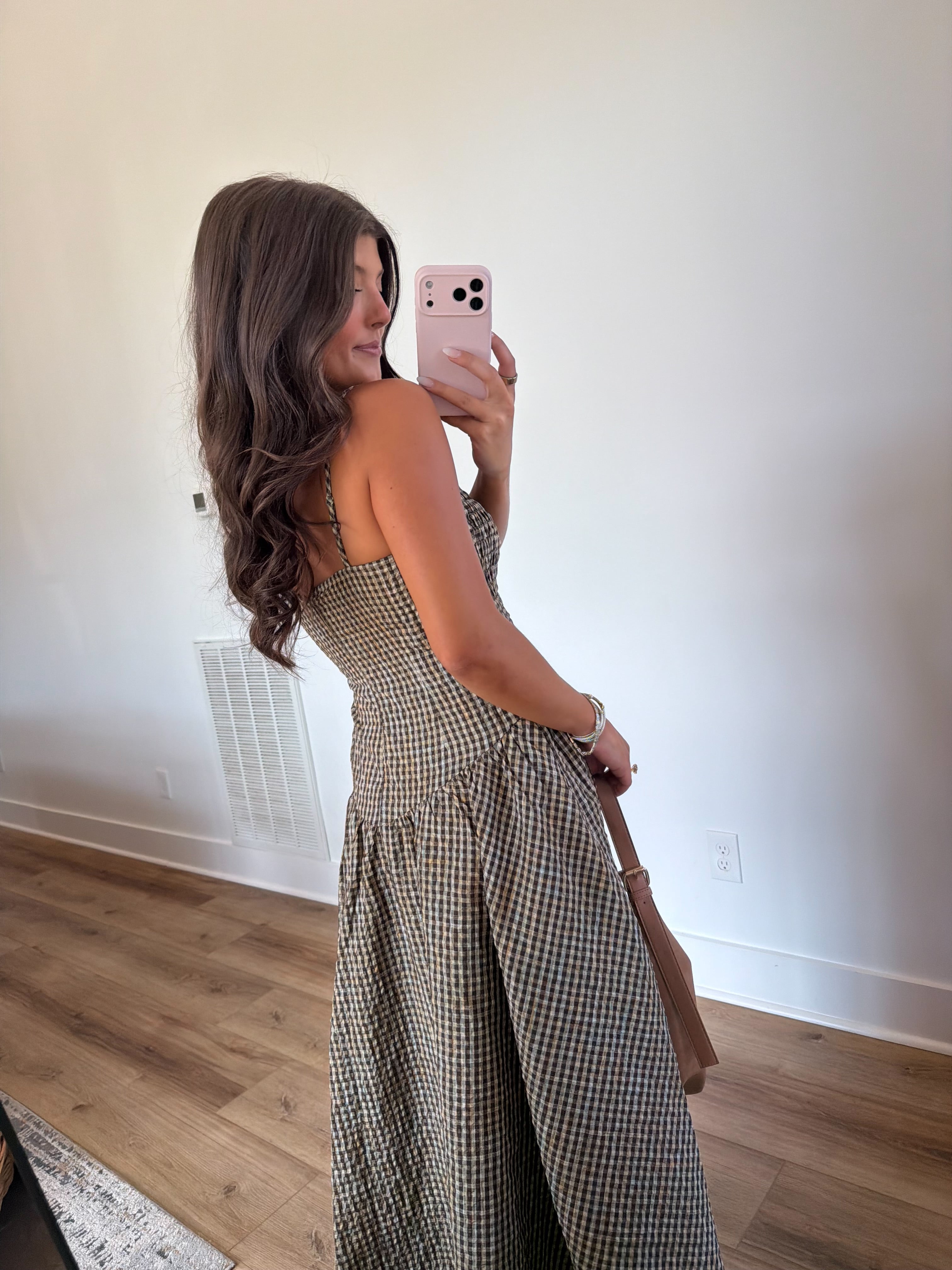 Brown Gingham Drop Waist Midi