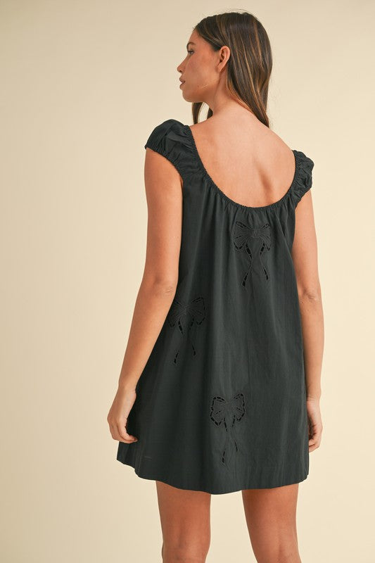 Black Bow Embroidered Mini Dress