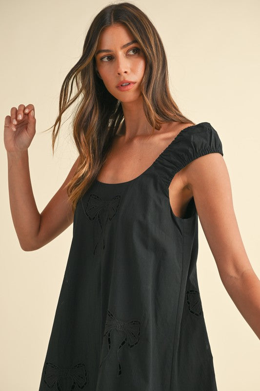 Black Bow Embroidered Mini Dress