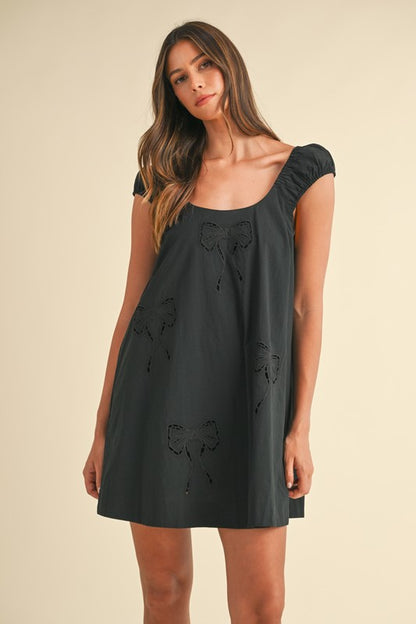 Black Bow Embroidered Mini Dress