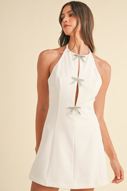 White Bow Detail Halter Neck Mini Dress