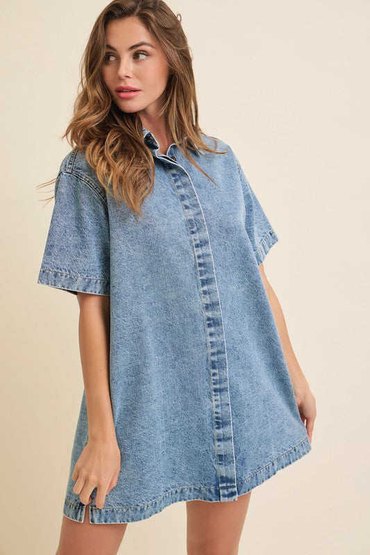 Hidden Button Down Denim T-Shirt Dress