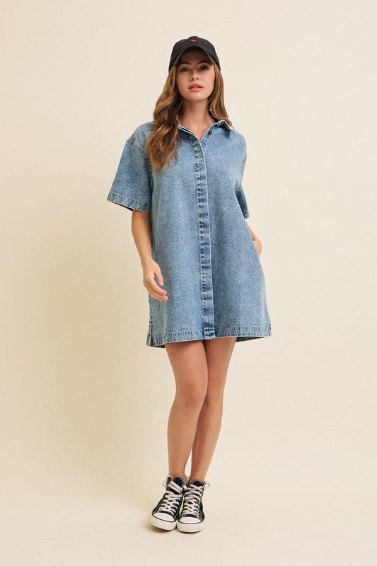 Hidden Button Down Denim T-Shirt Dress