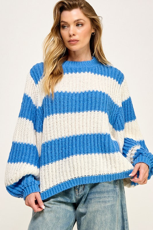 Blue Oversized Fluffy Stripe Sweater