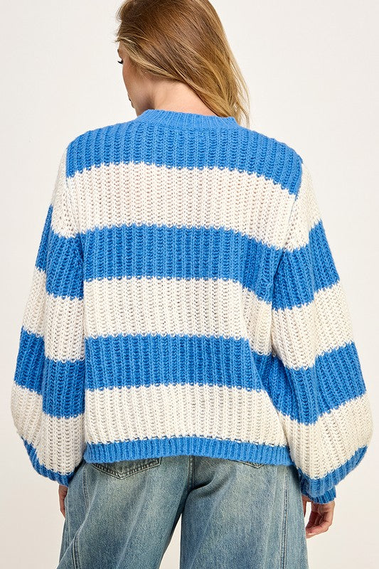 Blue Oversized Fluffy Stripe Sweater