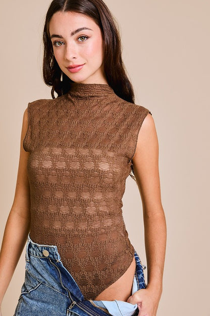 Brown Mock Neck Lace Top