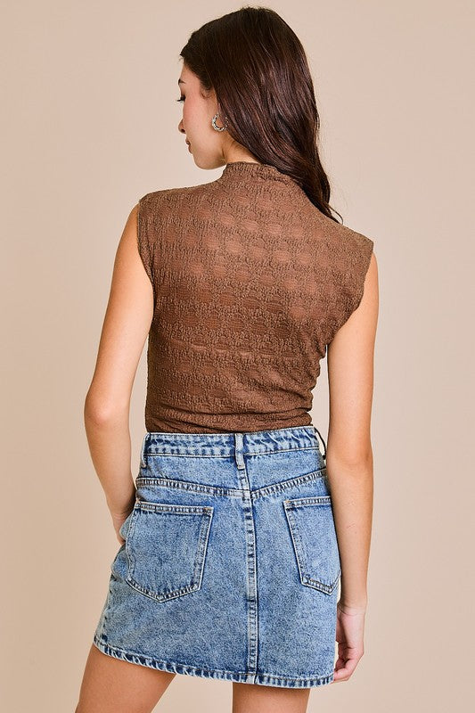 Brown Mock Neck Lace Top