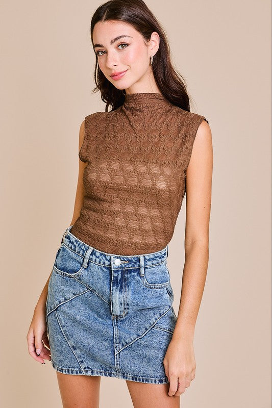 Brown Mock Neck Lace Top