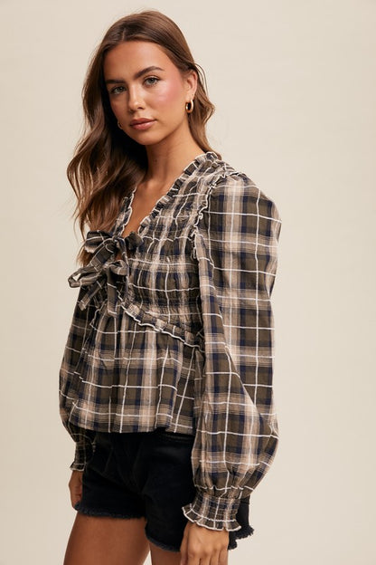 Plaid Smocked Bow Top