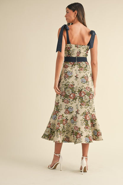 Tapestry Shoulder Tie Midi Dress