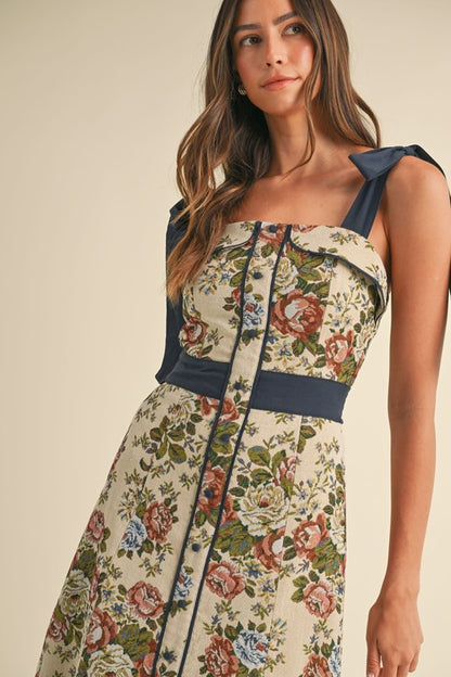 Tapestry Shoulder Tie Midi Dress