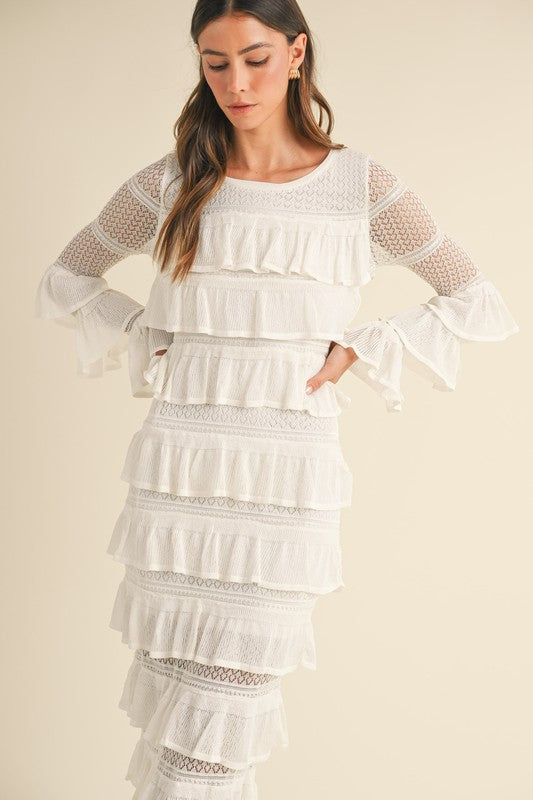 Ruffle Tiered Knit Maxi Dress Long Sleeve