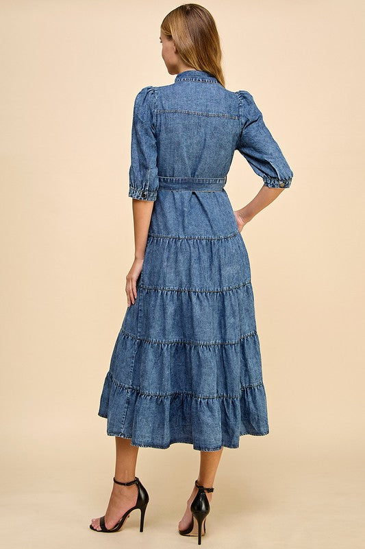 Denim Tiered Midi Dress