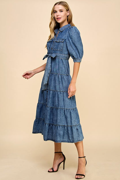 Denim Tiered Midi Dress