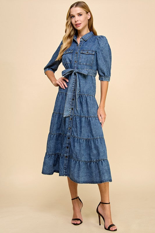 Denim Tiered Midi Dress