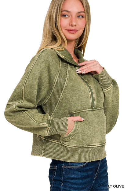 Olive Acid Wash Half-Zip Pullover