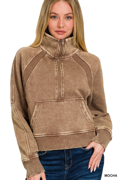 Mocha Acid Wash Half-Zip Pullover