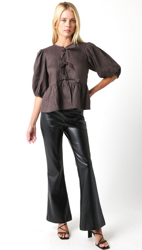 Brown Linen Peplum Top