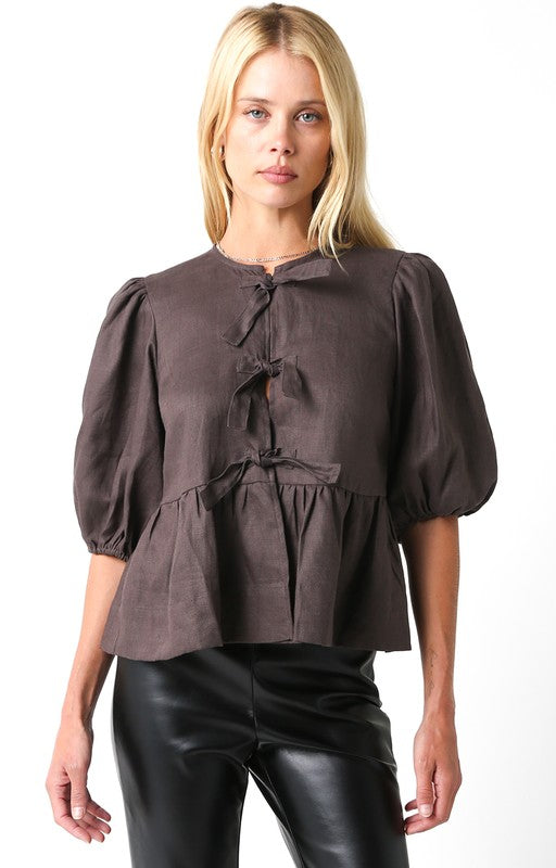 Brown Linen Peplum Top