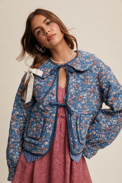 Floral Front Collar Heart Quilted Jacket