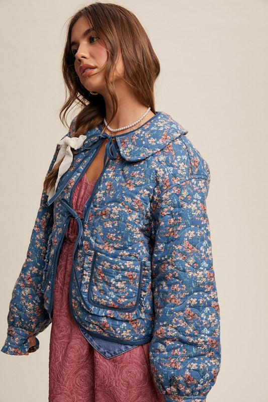 Floral Front Collar Heart Quilted Jacket